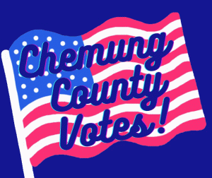 American flag waving with text reading Chemung County Votes